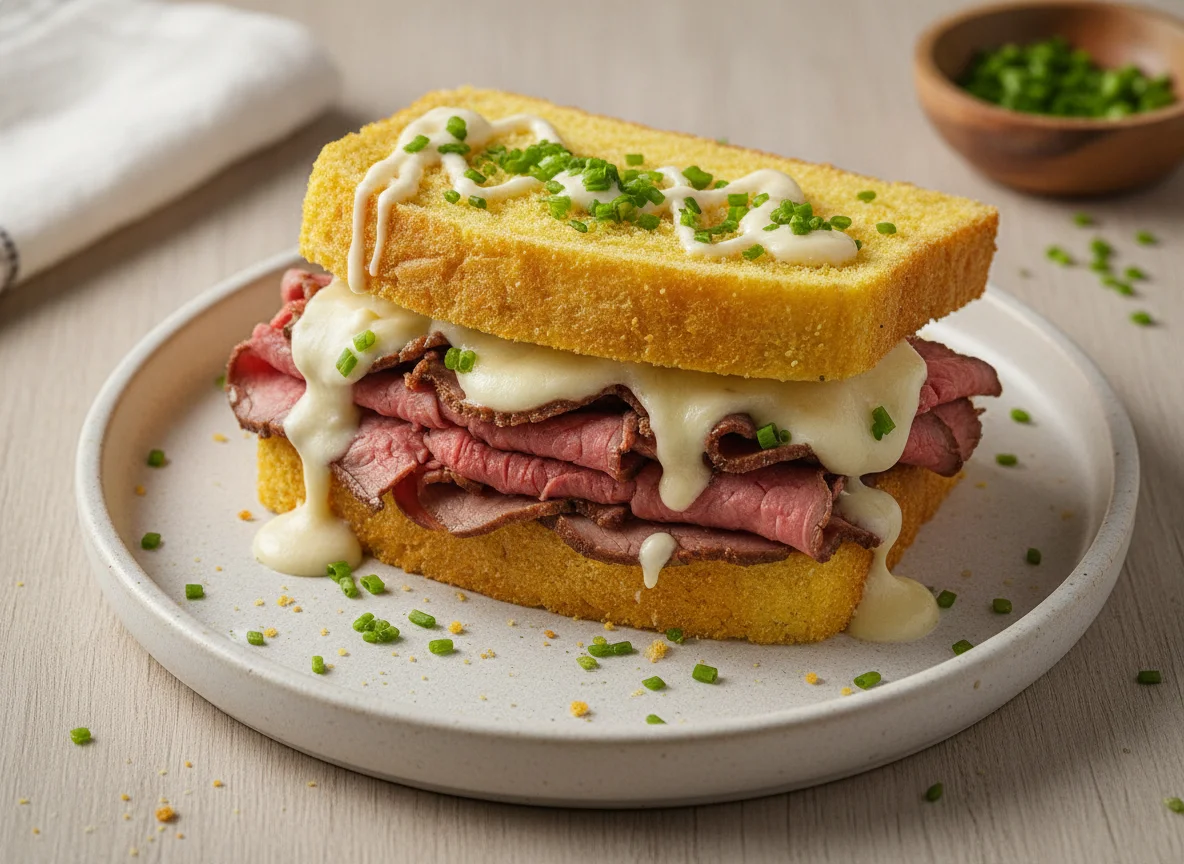 Sanduíche de Carne com Queijo e Pão de Milho photo