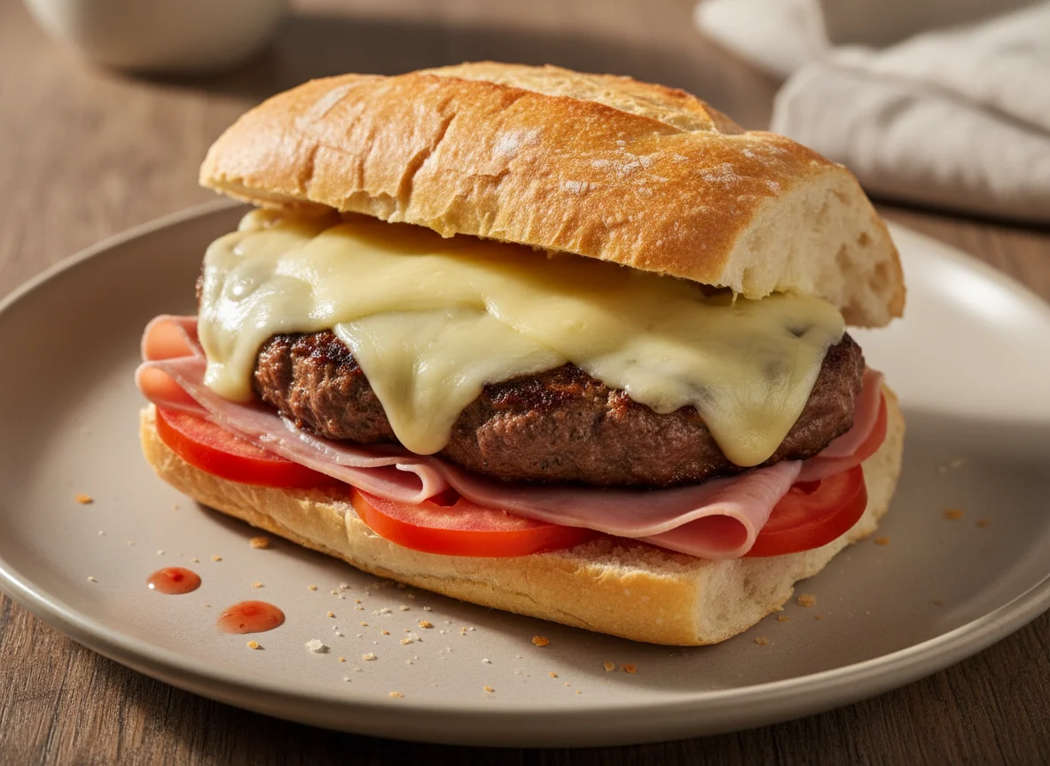 Sanduíche de carne com queijo e tomate photo