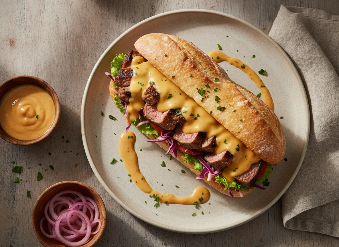 Sanduíche de Carne com Queijo e Vegetais photo