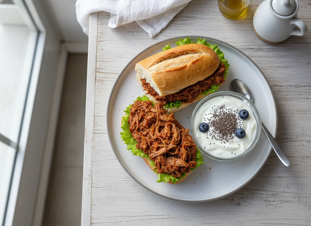 Sanduíche de carne com salada e iogurte com chia photo