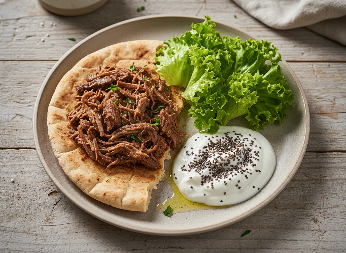 Sanduíche de carne desfiada com alface e iogurte com chia photo