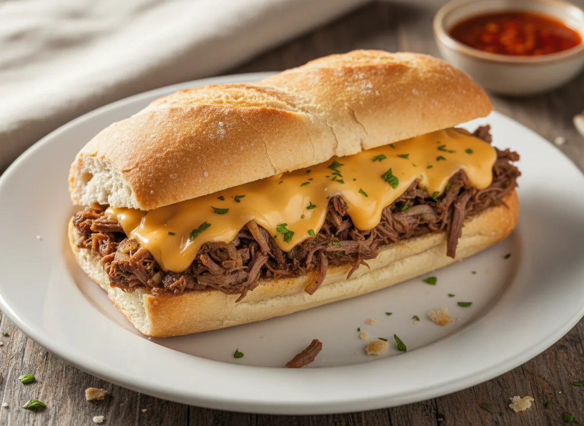 Sanduíche de carne desfiada com queijo photo