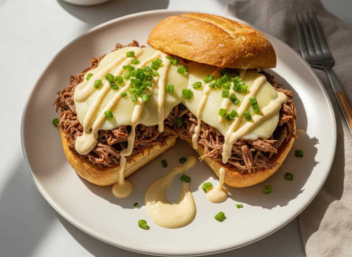 Sanduíche de carne desfiada com queijo e cebolinha photo