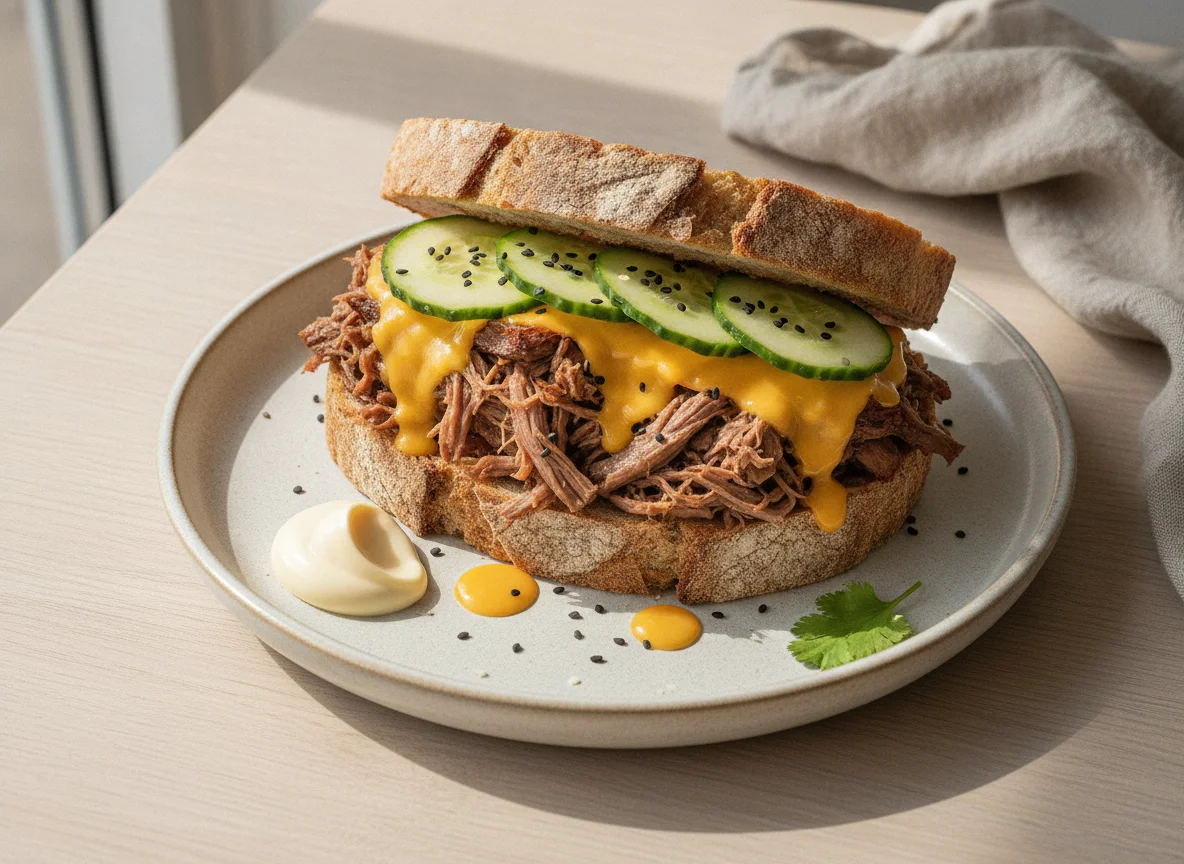 Sanduíche de carne desfiada com queijo e pepino photo