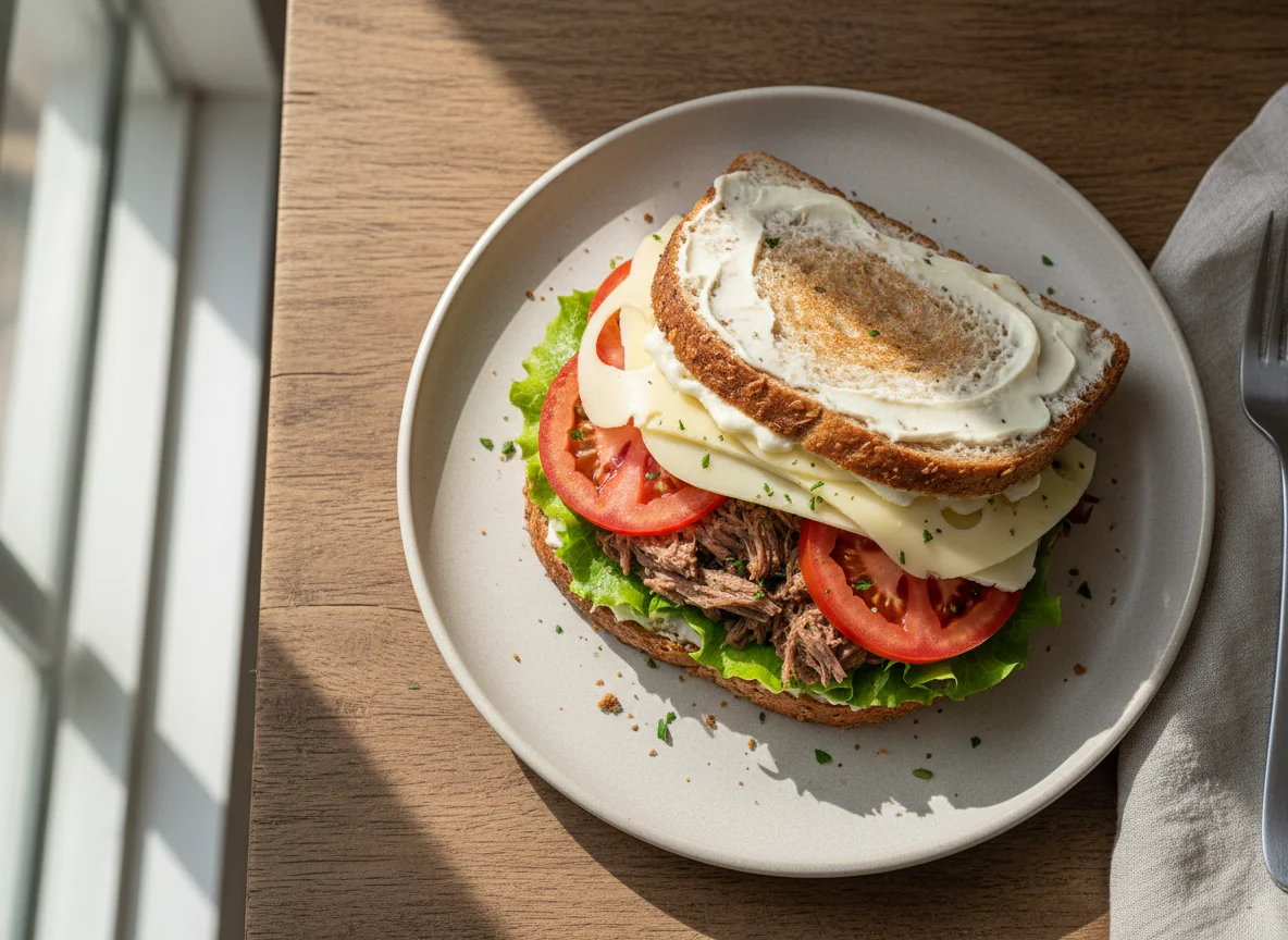 Sanduíche de carne desfiada com queijo e tomate photo