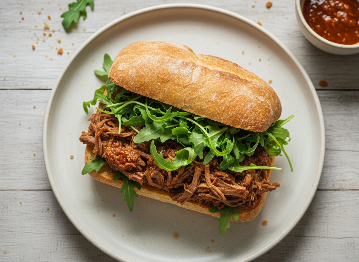 Sanduíche de carne desfiada com rúcula photo