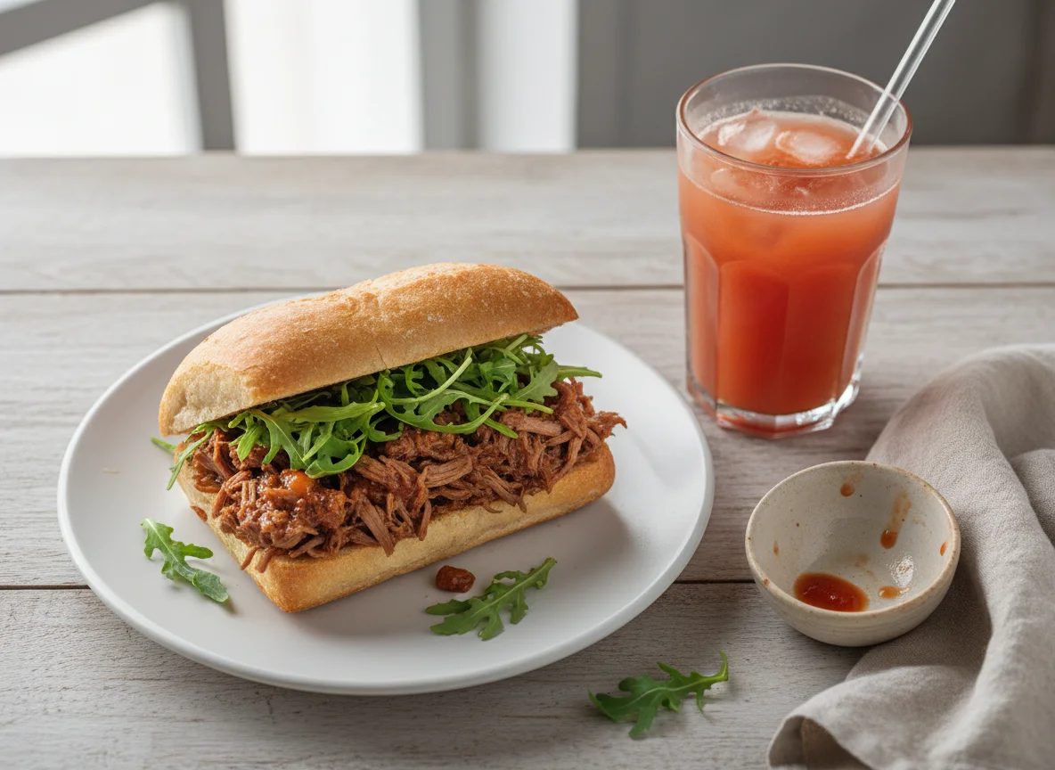 Sanduíche de carne desfiada com rúcula e suco de fruta photo