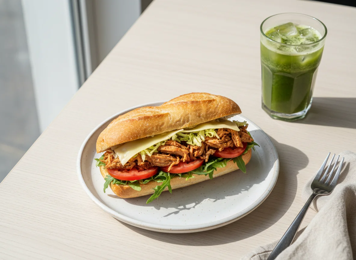 Sanduíche de carne desfiada com salada photo