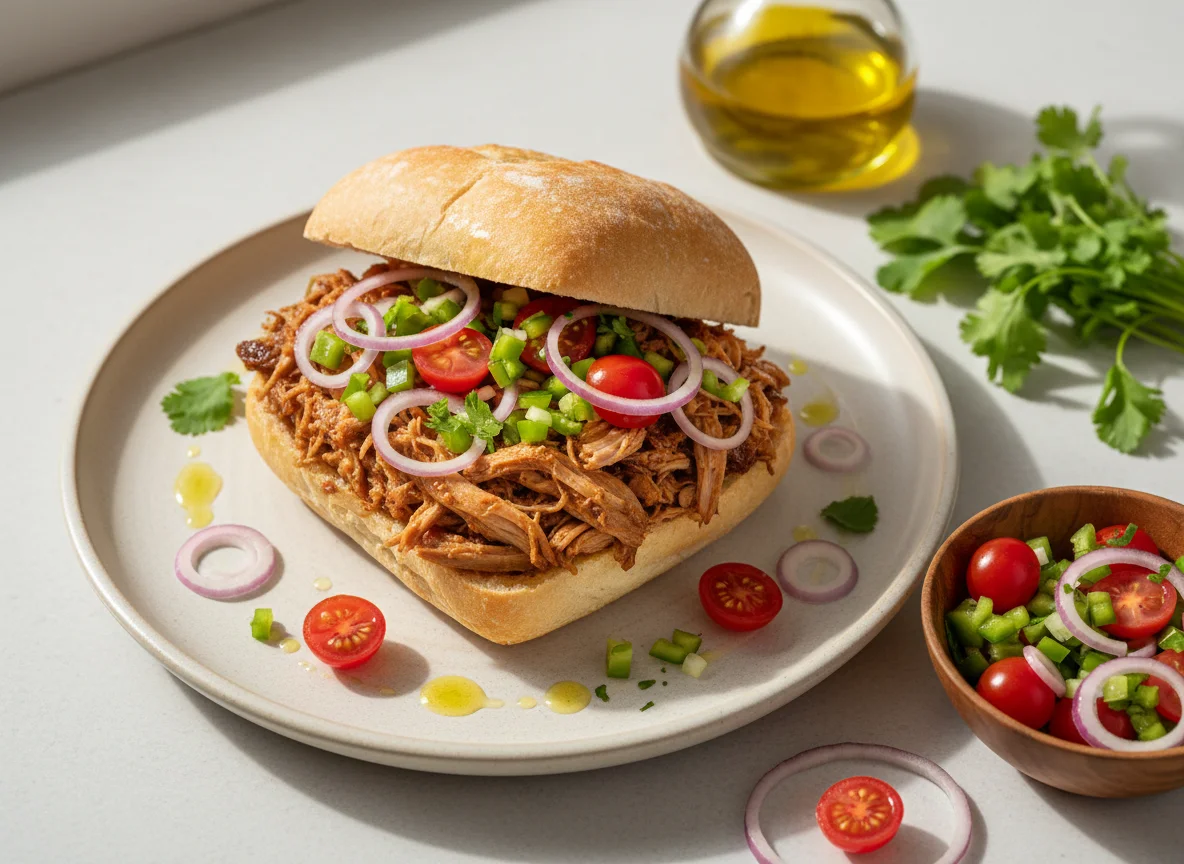 Sanduíche de carne desfiada com vinagrete photo