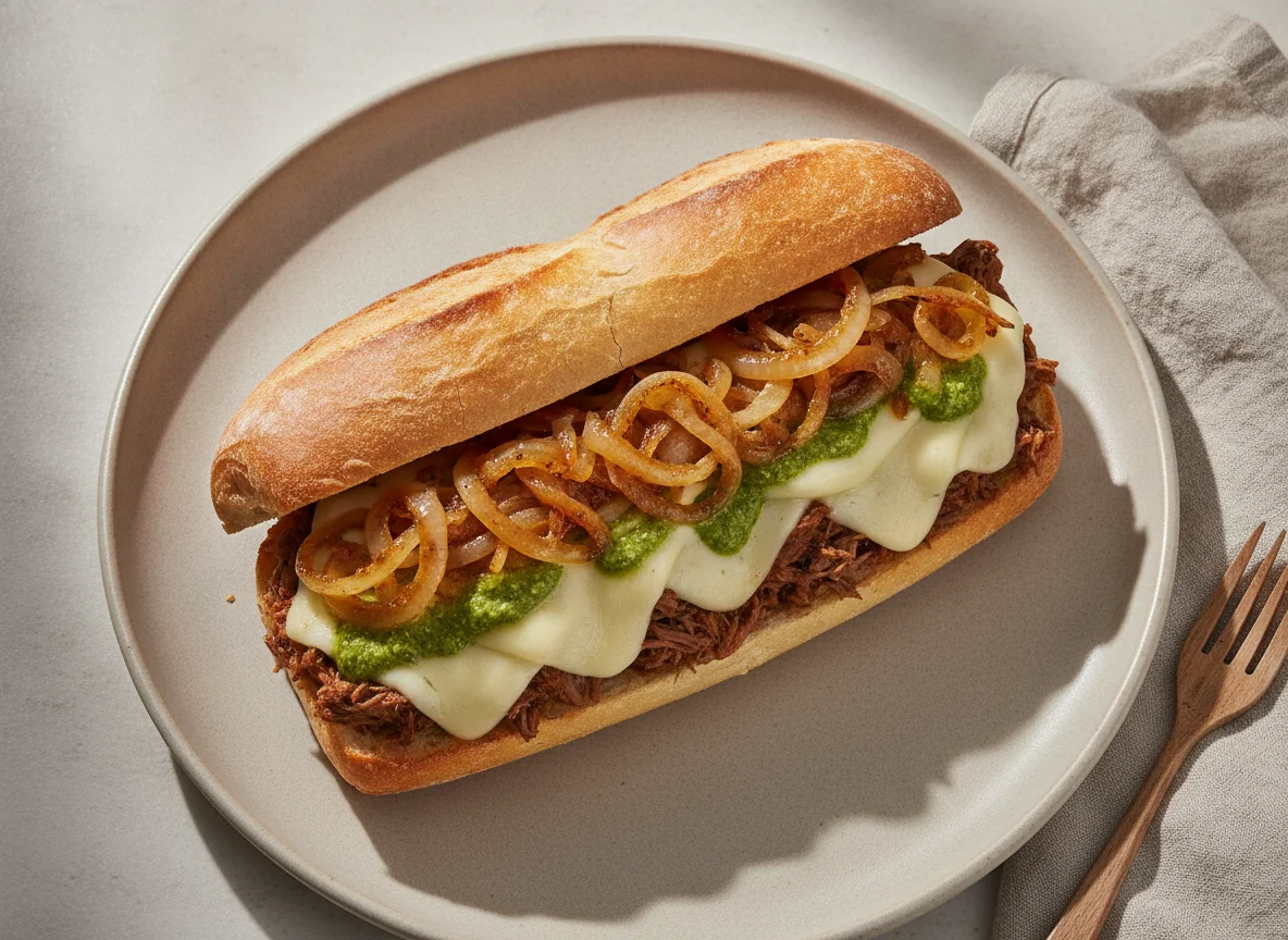 Sanduíche de Carne Louca com Queijo e Cebola Caramelizada photo