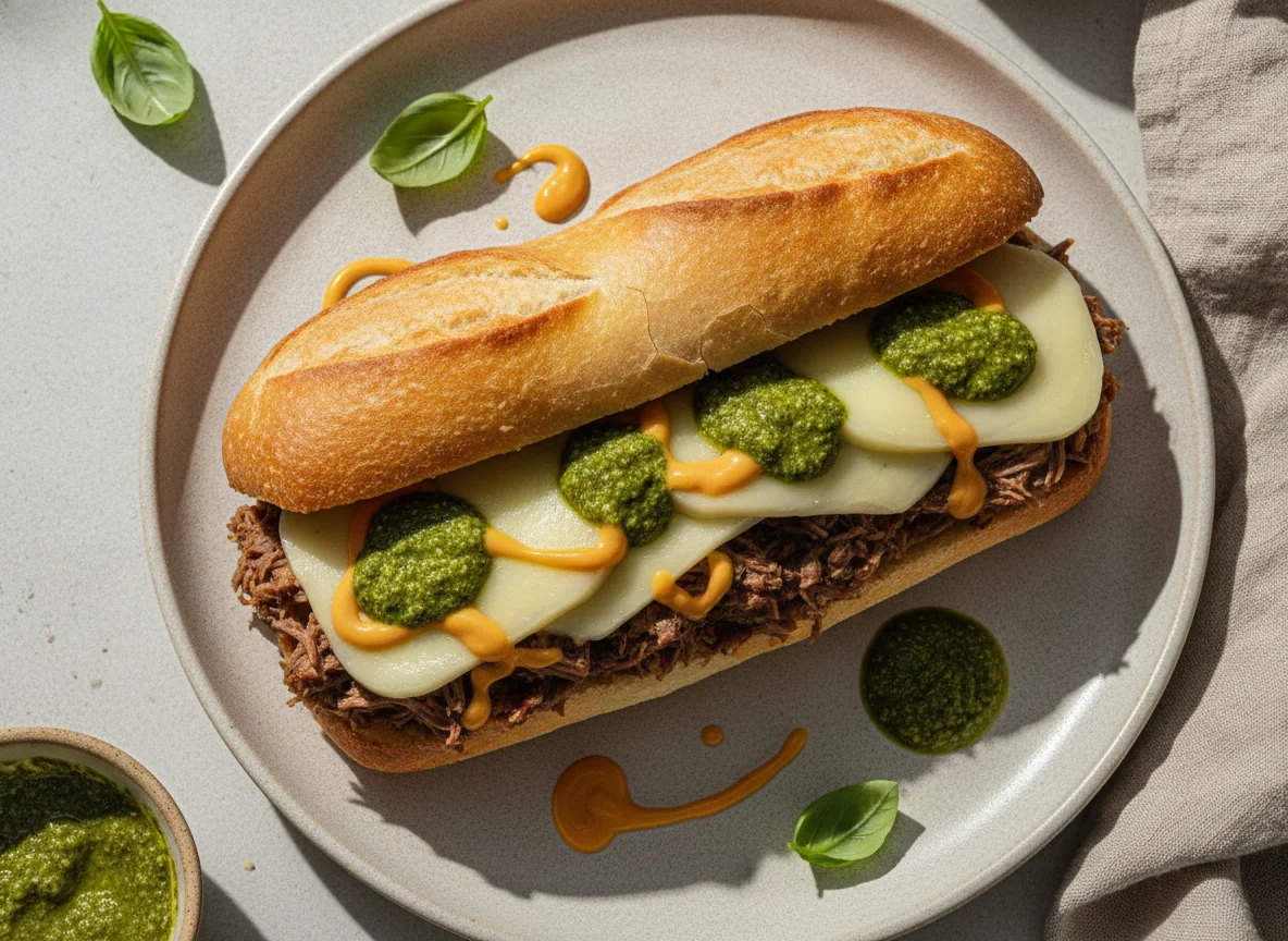 Sanduíche de Carne Louca com Queijo e Pesto photo