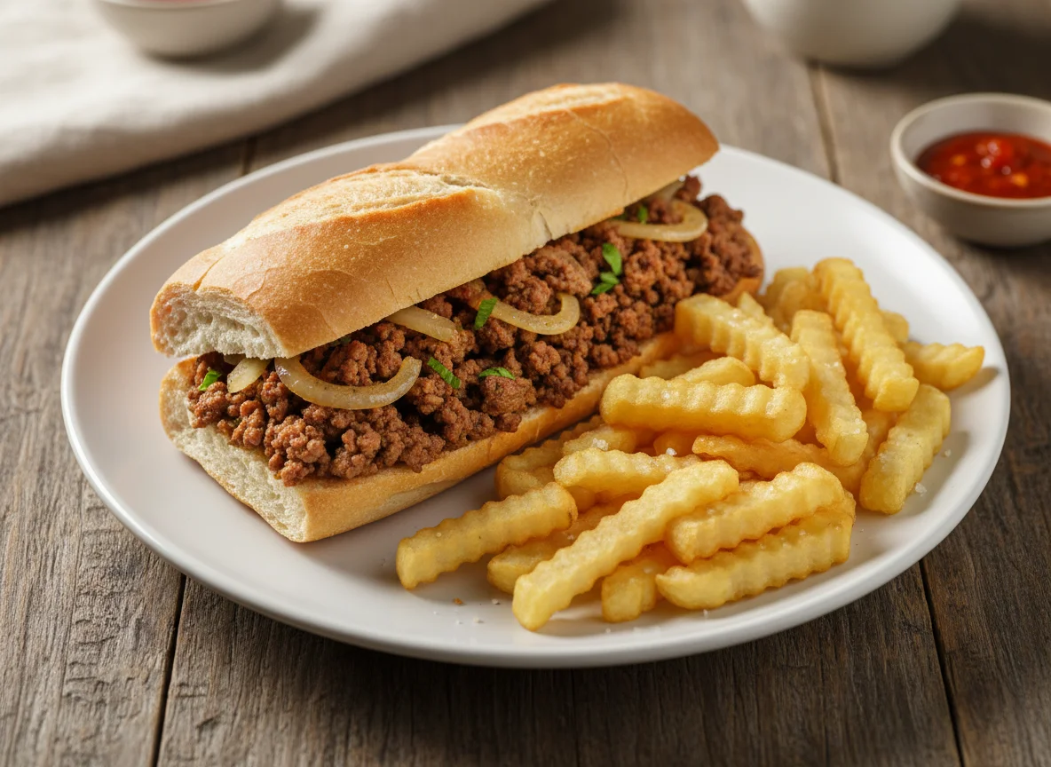 Sanduíche de carne moída com pão francês photo