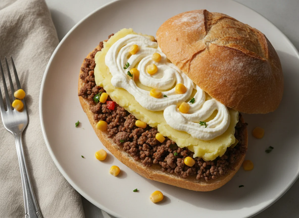 Sanduíche de Carne Moída com Purê e Requeijão photo