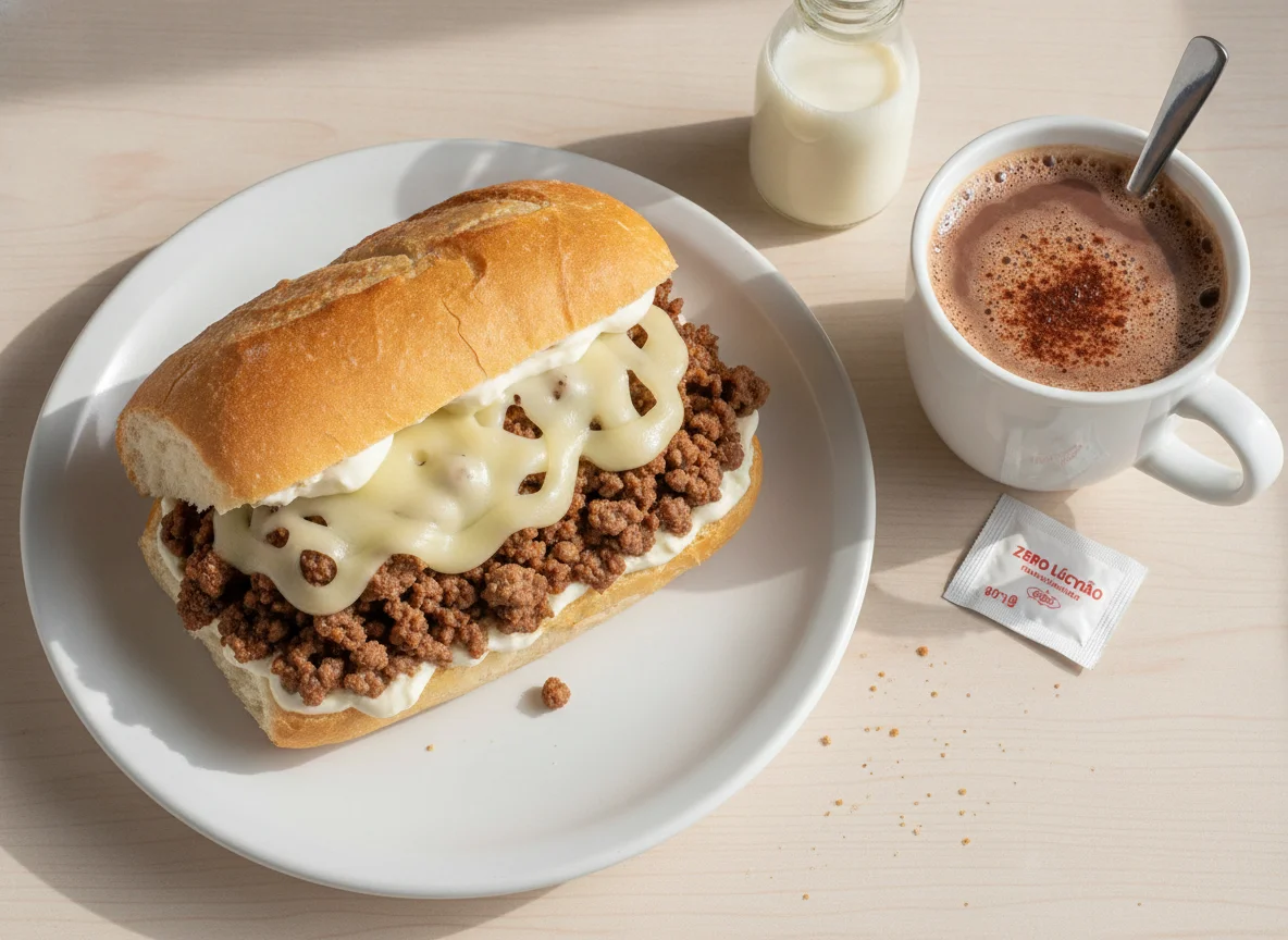 Sanduíche de carne moída com queijo e chocolate quente photo