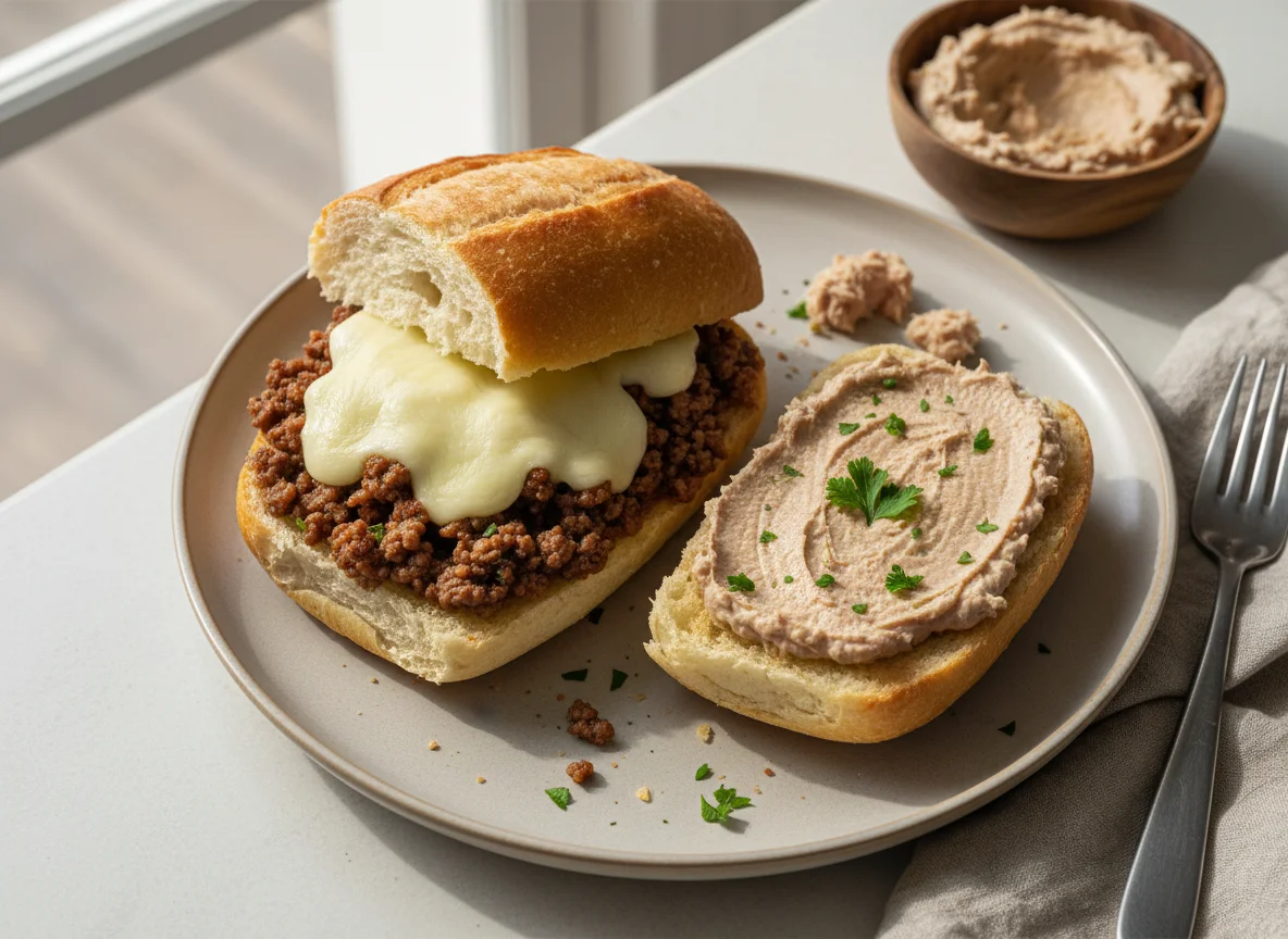 Sanduíche de carne moída com queijo e pão com patê photo