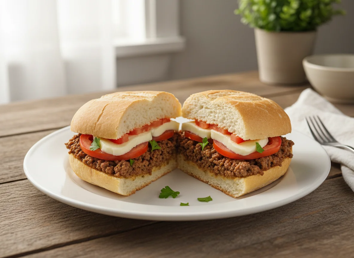 Sanduíche de carne moída com queijo e tomate photo