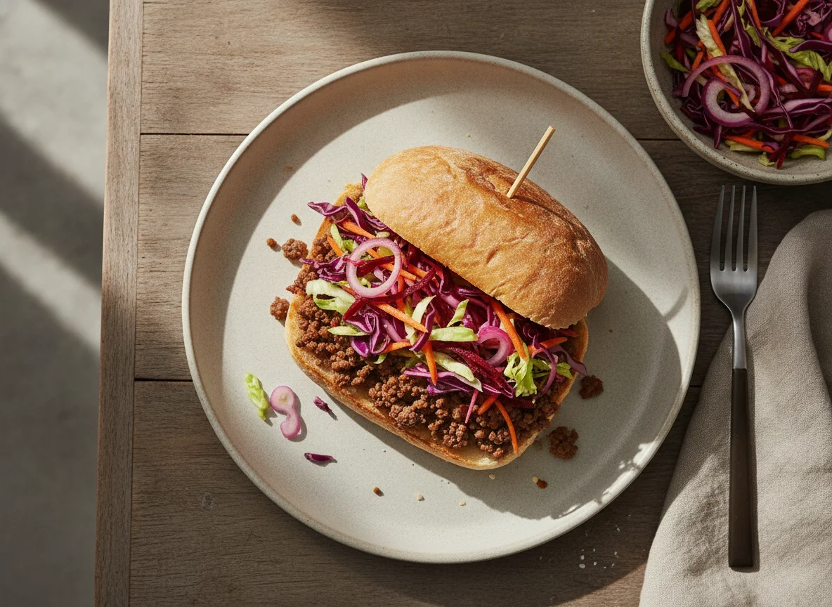 Sanduíche de Carne Moída com Salada de Repolho e Beterraba photo