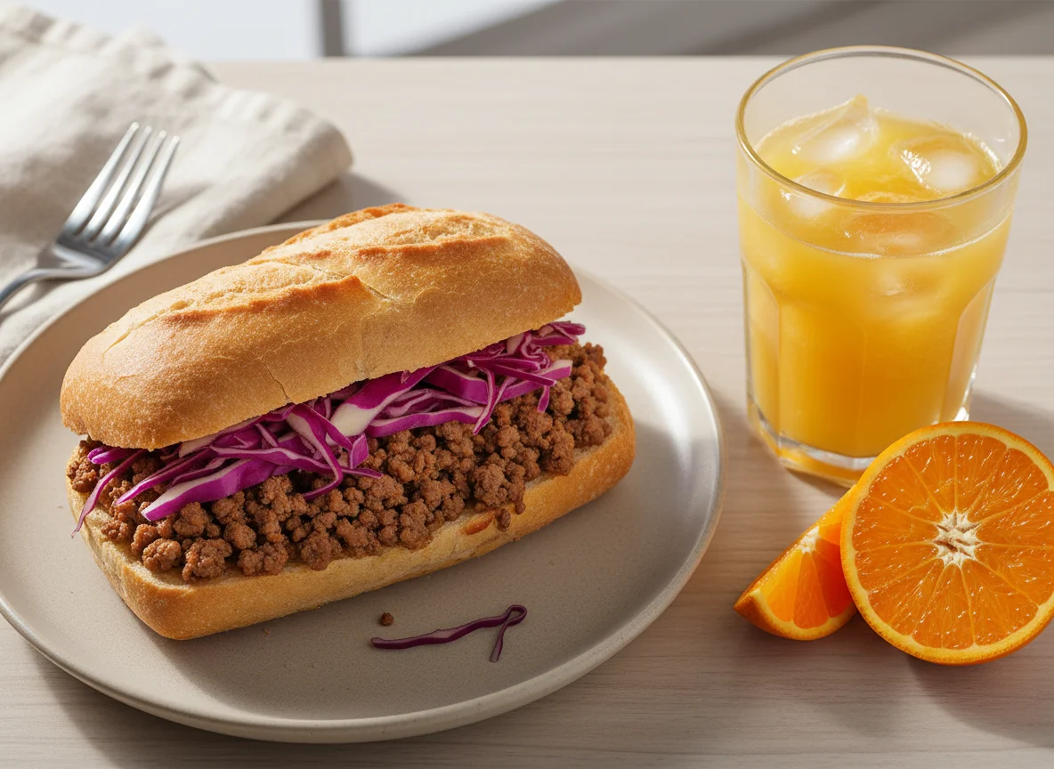 Sanduíche de carne moída com suco de laranja photo