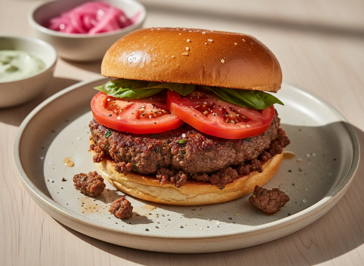 Sanduíche de carne moída com tomate photo