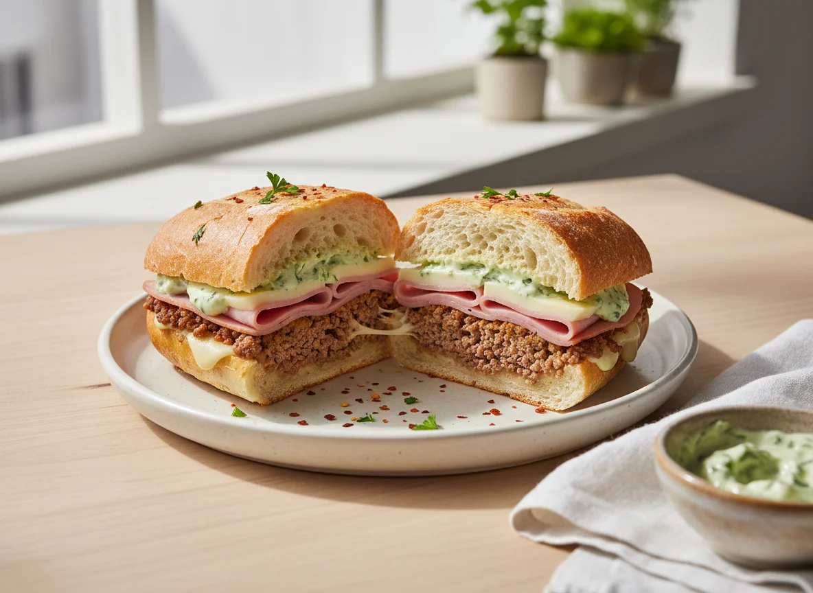 Sanduíche de carne moída e presunto photo