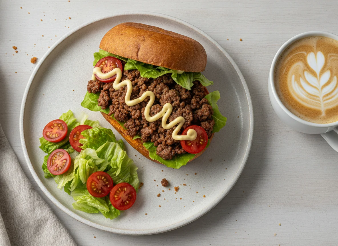 Sanduíche de carne moída no pão de batata doce com salada photo