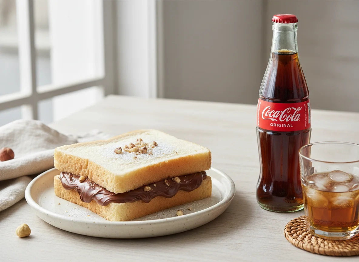 Sanduíche de creme de chocolate e avelã com Coca-Cola photo
