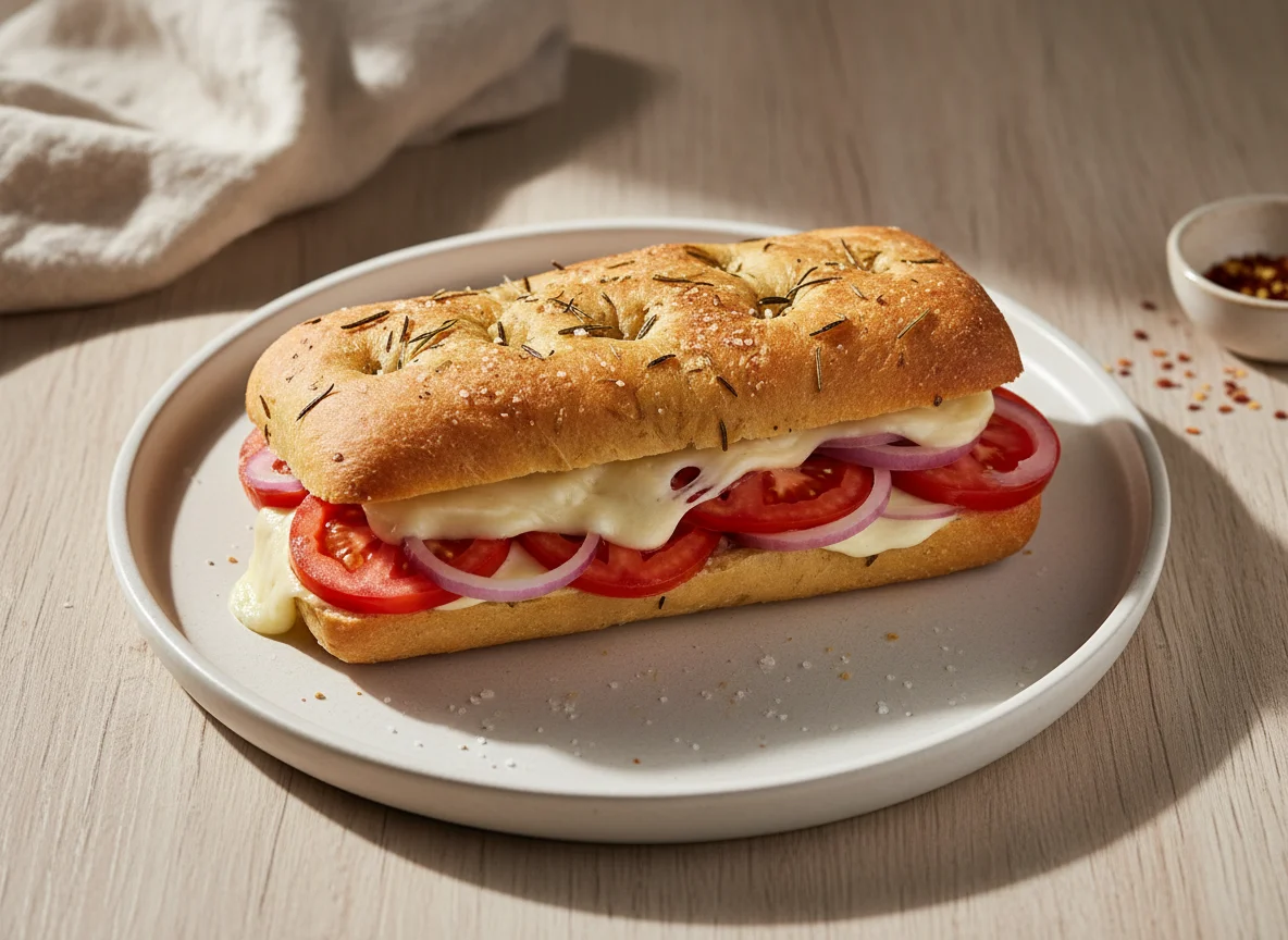Sanduíche de Focaccia com Queijo e Tomate photo