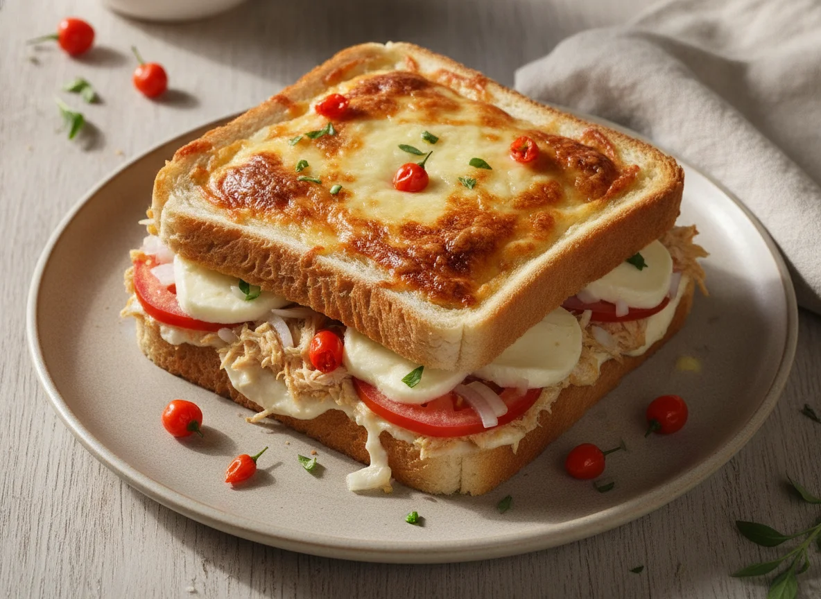 Sanduíche de forno com frango e queijo photo