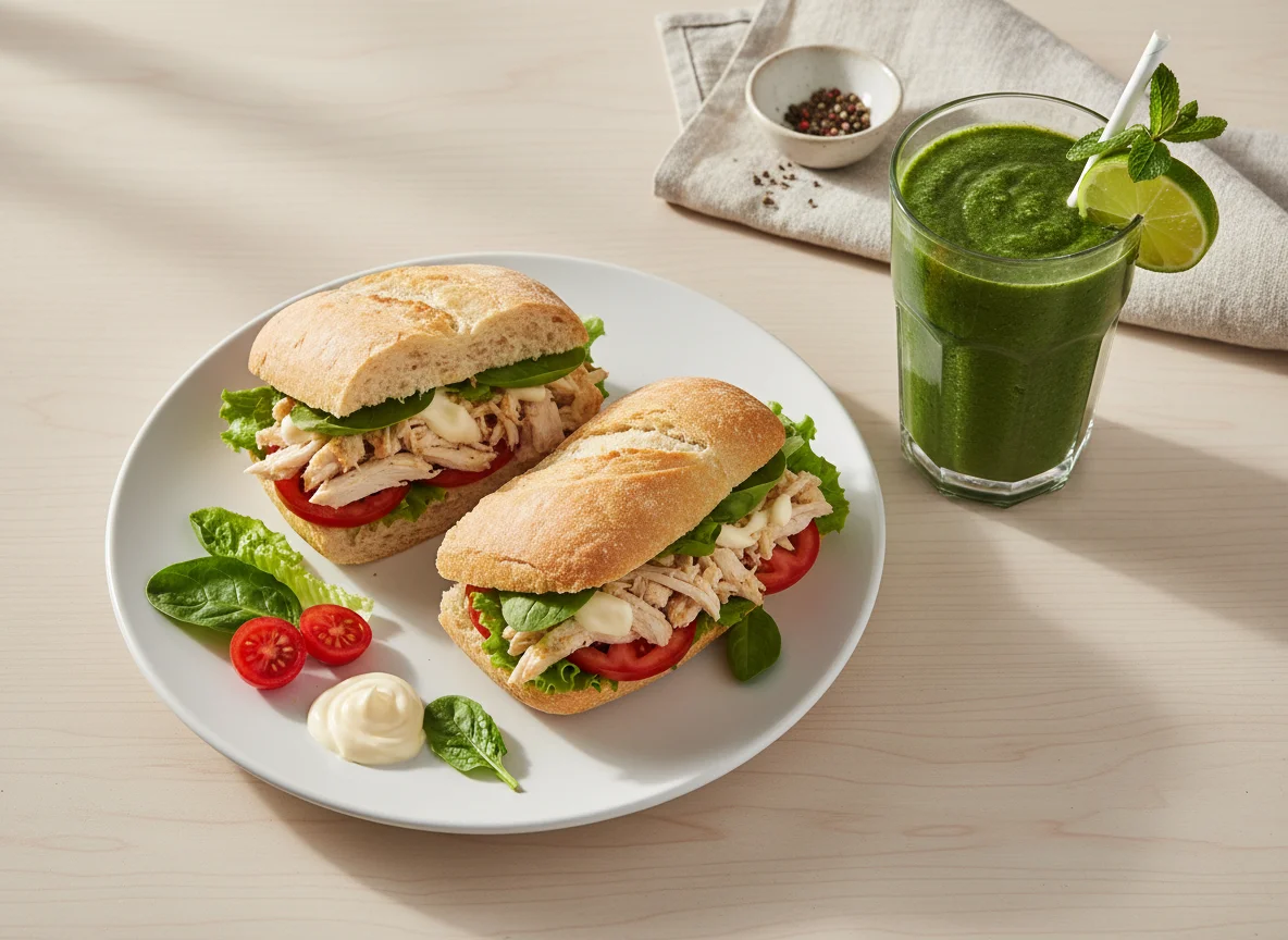 Sanduíche de frango com salada e smoothie verde photo