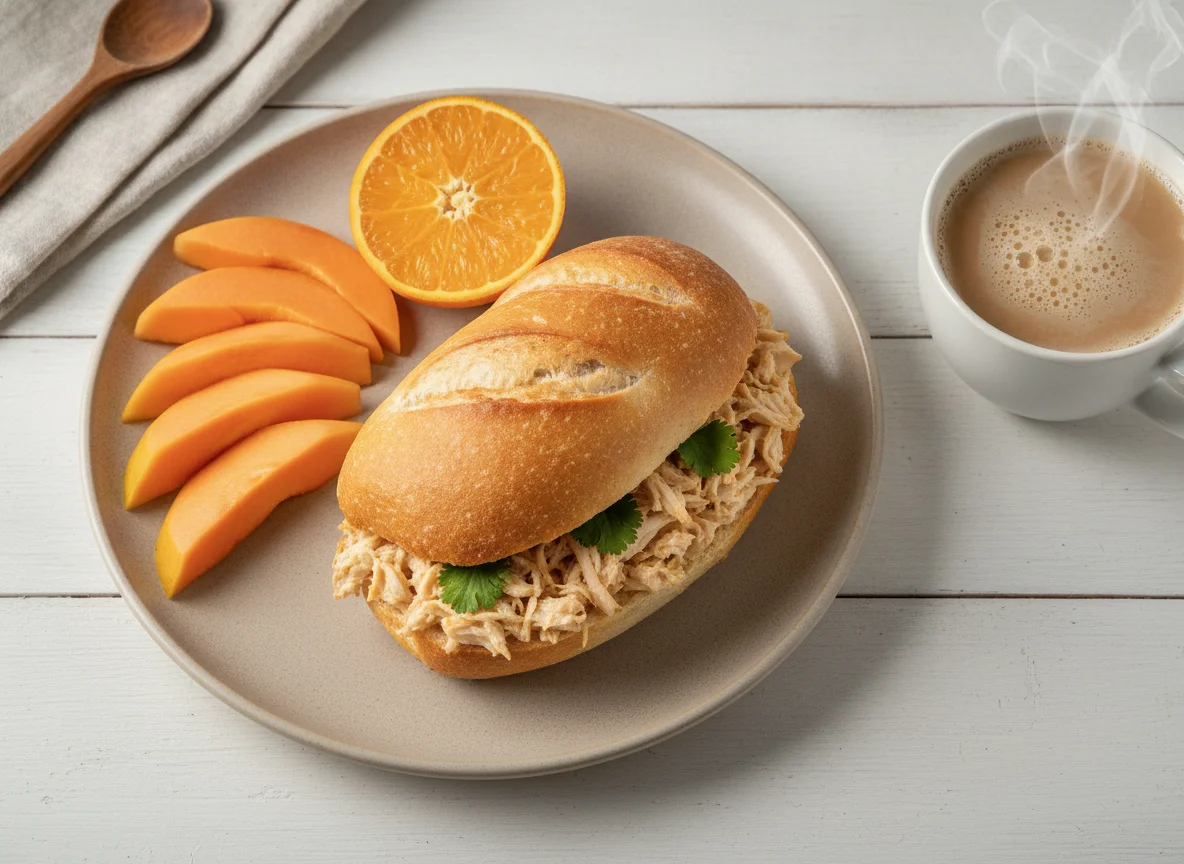 Sanduíche de frango desfiado com frutas e café com leite photo