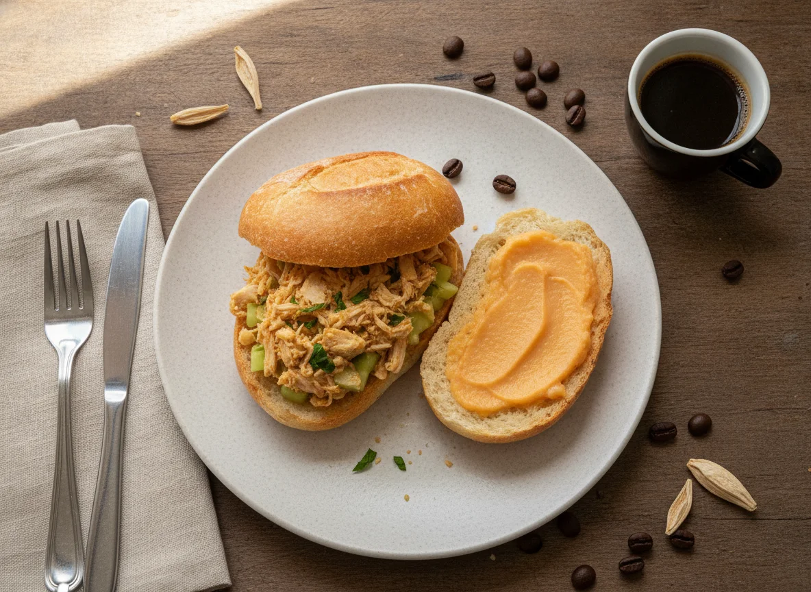 Sanduíche de frango desfiado com mamão e café photo