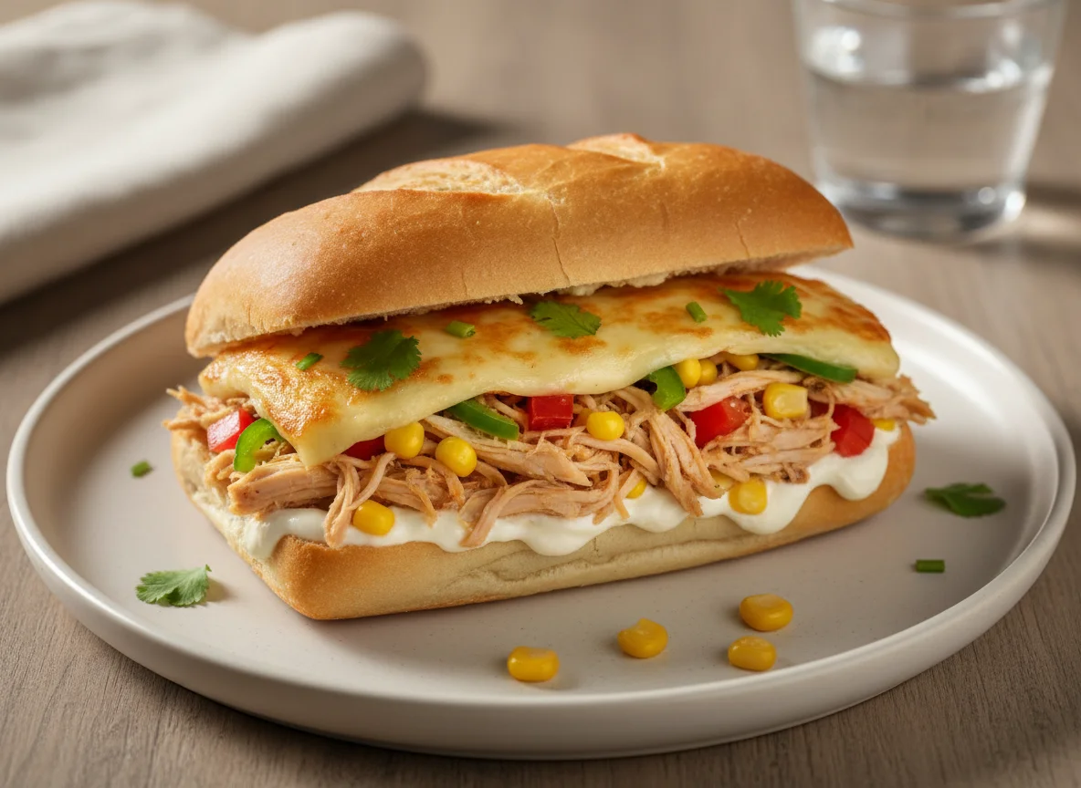 Sanduíche de frango desfiado com queijo e requeijão photo