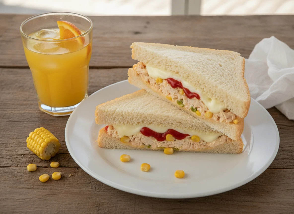 Sanduíche de frango desfiado com queijo e suco de laranja photo