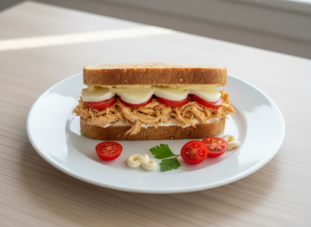 Sanduíche de frango desfiado com queijo e tomate photo