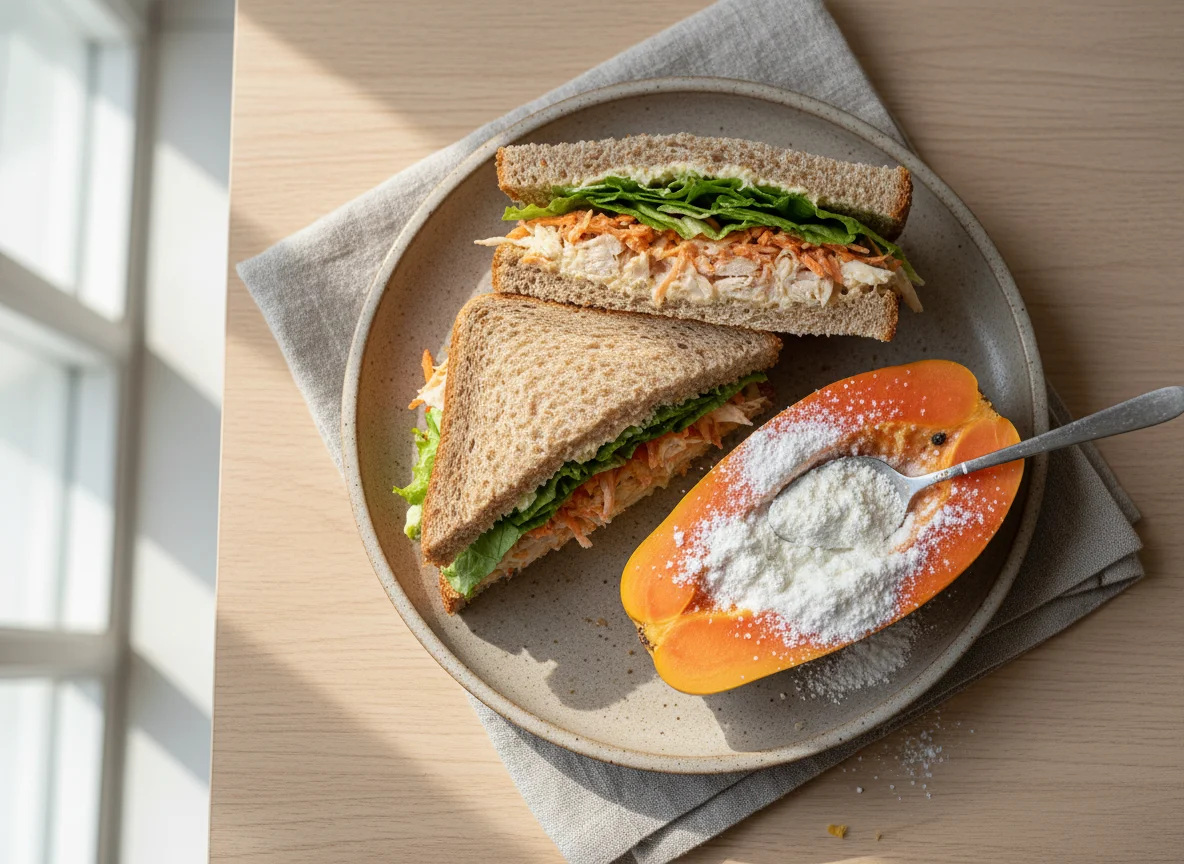 Sanduíche de frango desfiado com salada e mamão com leite em pó photo