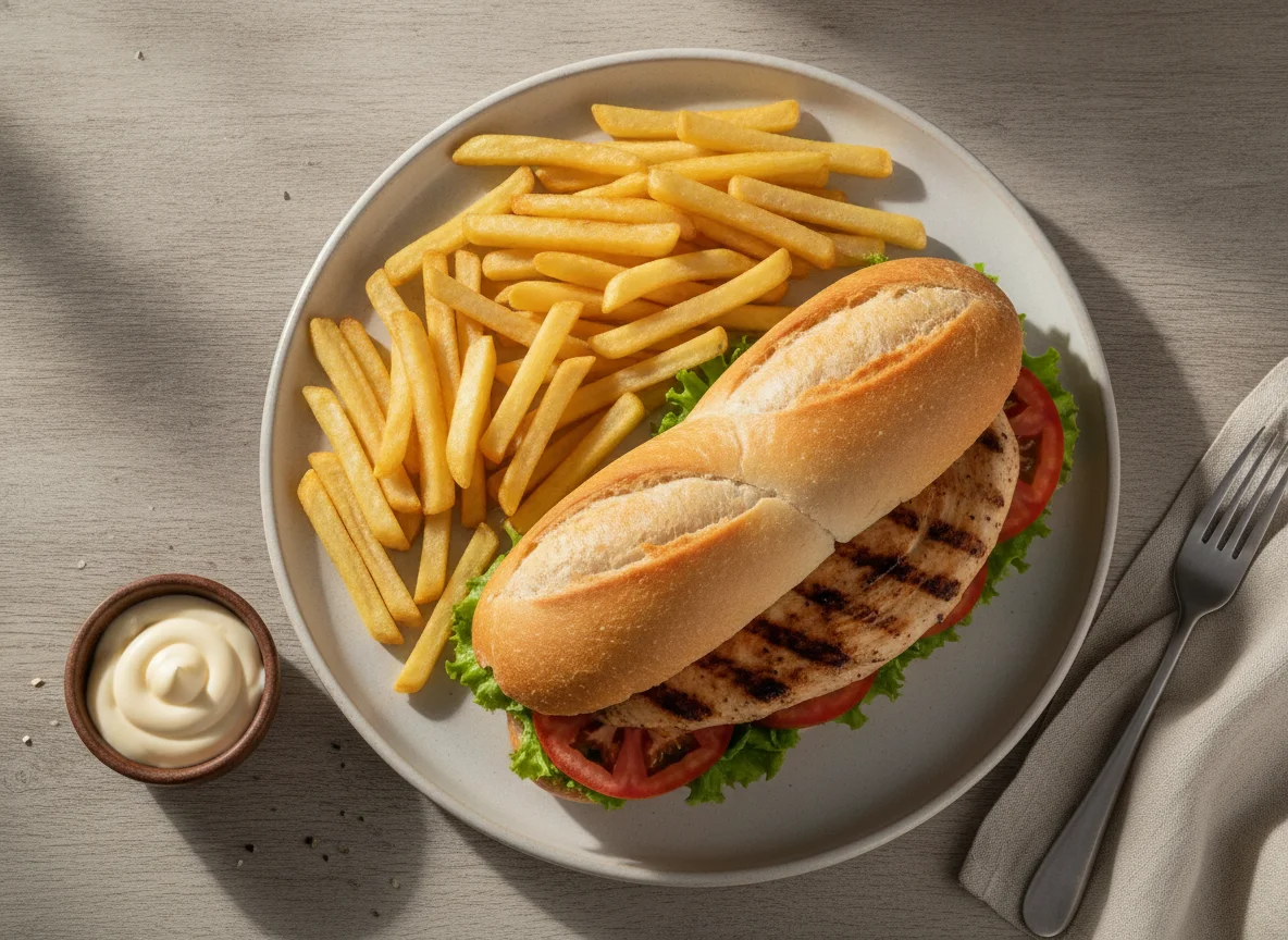 Sanduíche de frango grelhado com batatas fritas e maionese photo