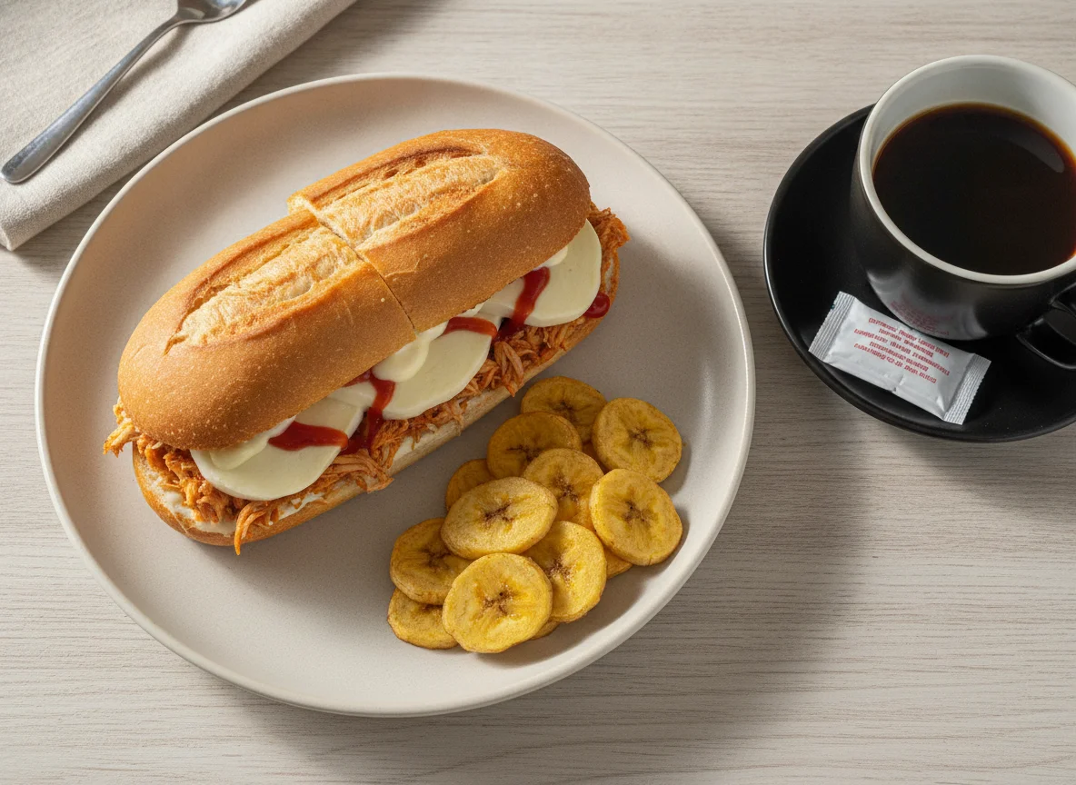 Sanduíche de frango prensado com banana frita e café photo