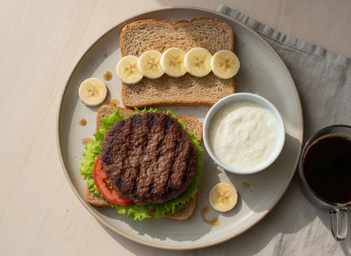 Sanduíche de hambúrguer caseiro com banana e leite fermentado photo
