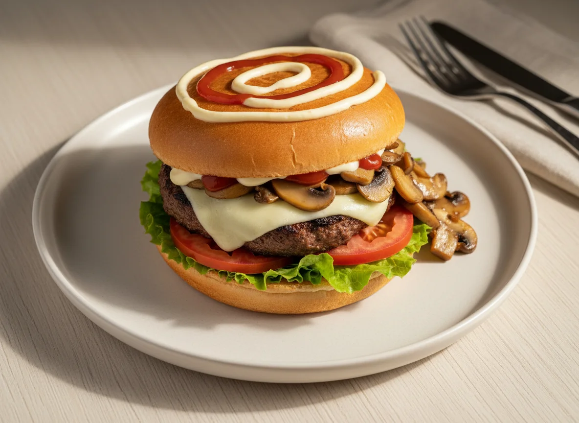 Sanduíche de hambúrguer com cogumelos e salada photo