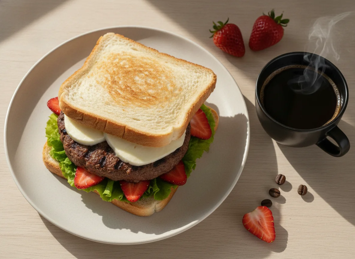 Sanduíche de hambúrguer com morangos e café photo
