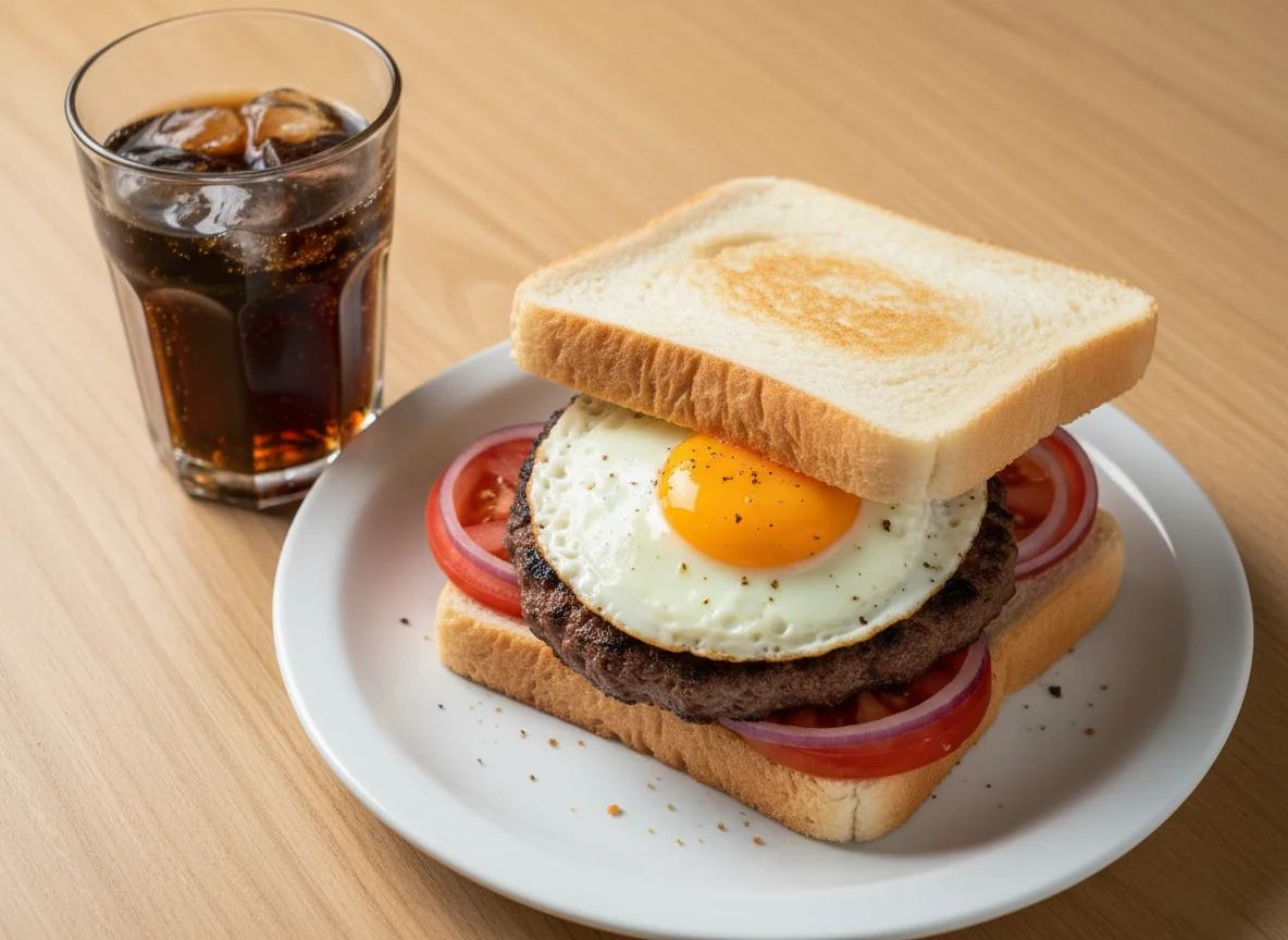 Sanduíche de hambúrguer com ovo e refrigerante photo