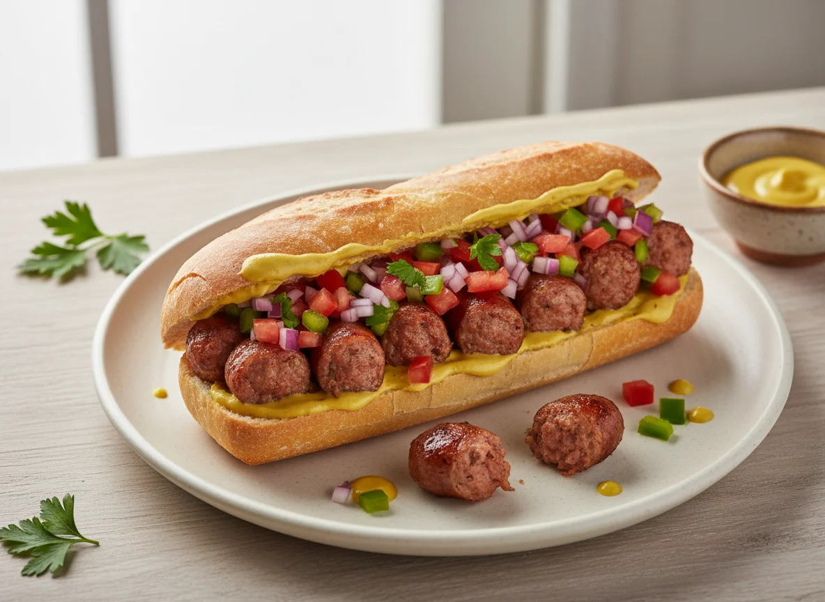 Sanduíche de linguiça com mostarda e vinagrete photo