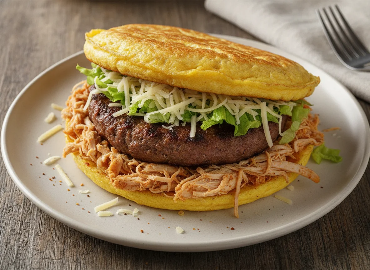Sanduíche de Omelete com Hambúrguer e Frango Desfiado photo