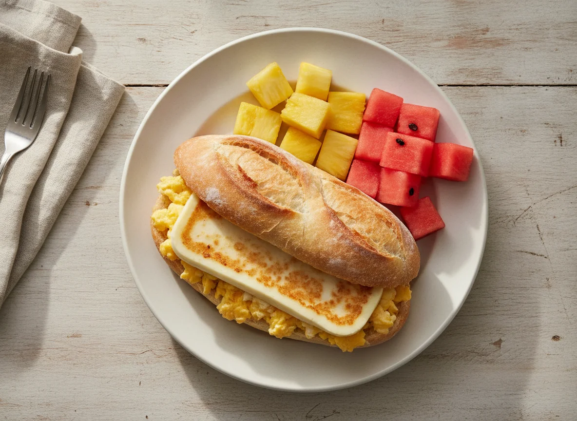 Sanduíche de ovo e queijo no pão francês com frutas photo