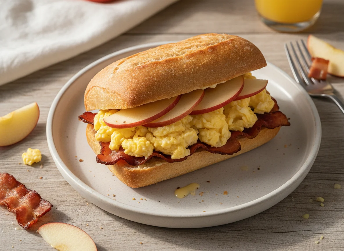 Sanduíche de ovos mexidos com bacon e fatias de maçã photo
