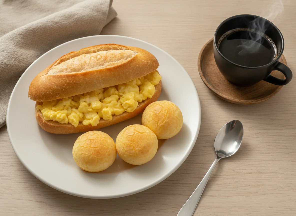 Sanduíche de ovos mexidos com café e pão de queijo photo