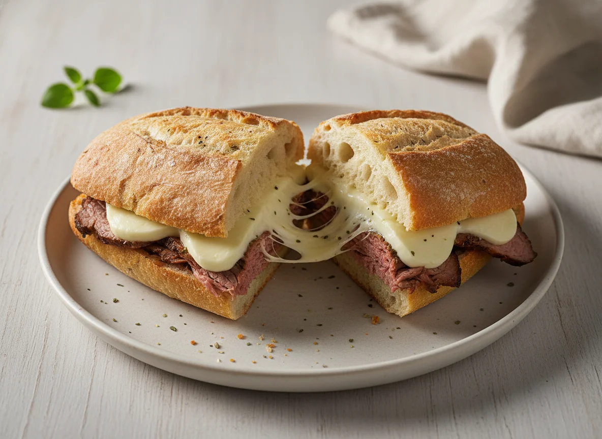 Sanduíche de pão ciabatta com queijo e carne photo