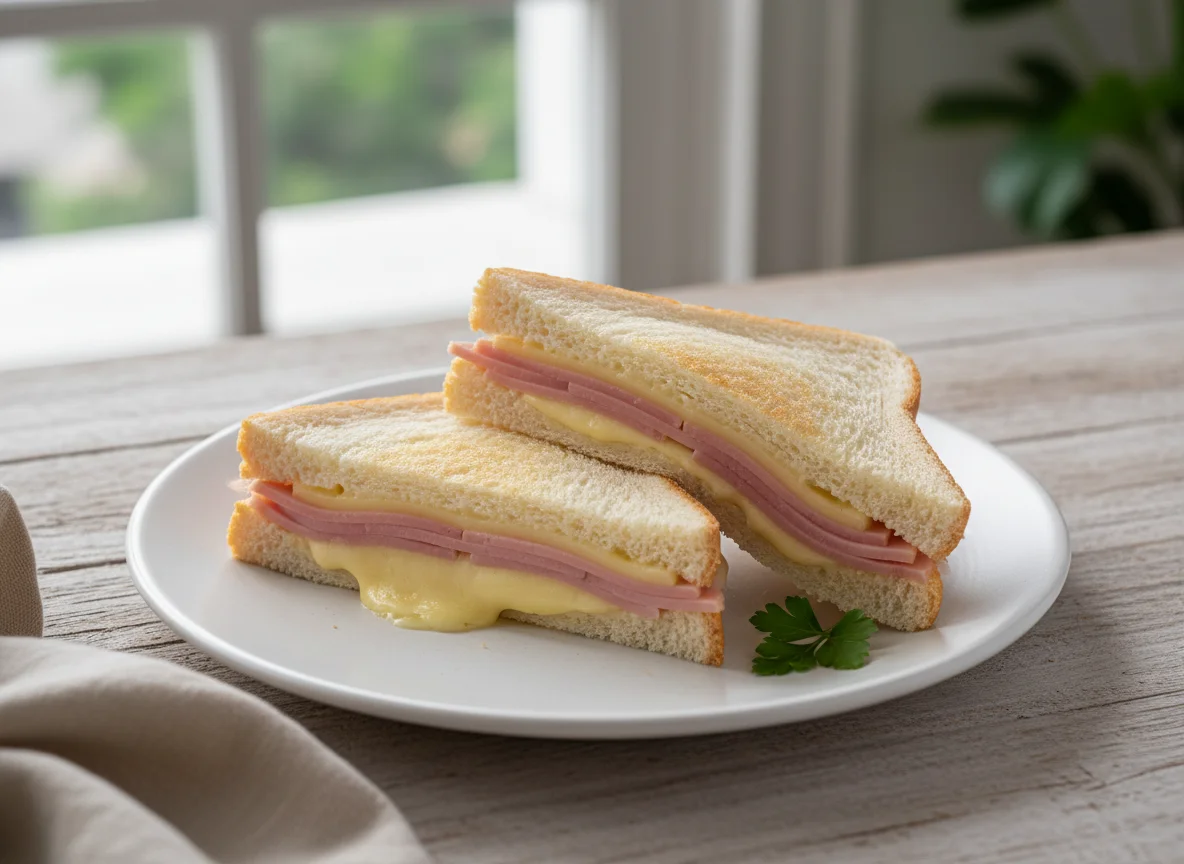 Sanduíche de pão de forma com queijo e presunto photo