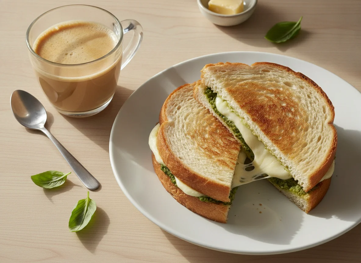 Sanduíche de Pão de Forma Grelhado e Café com Leite photo