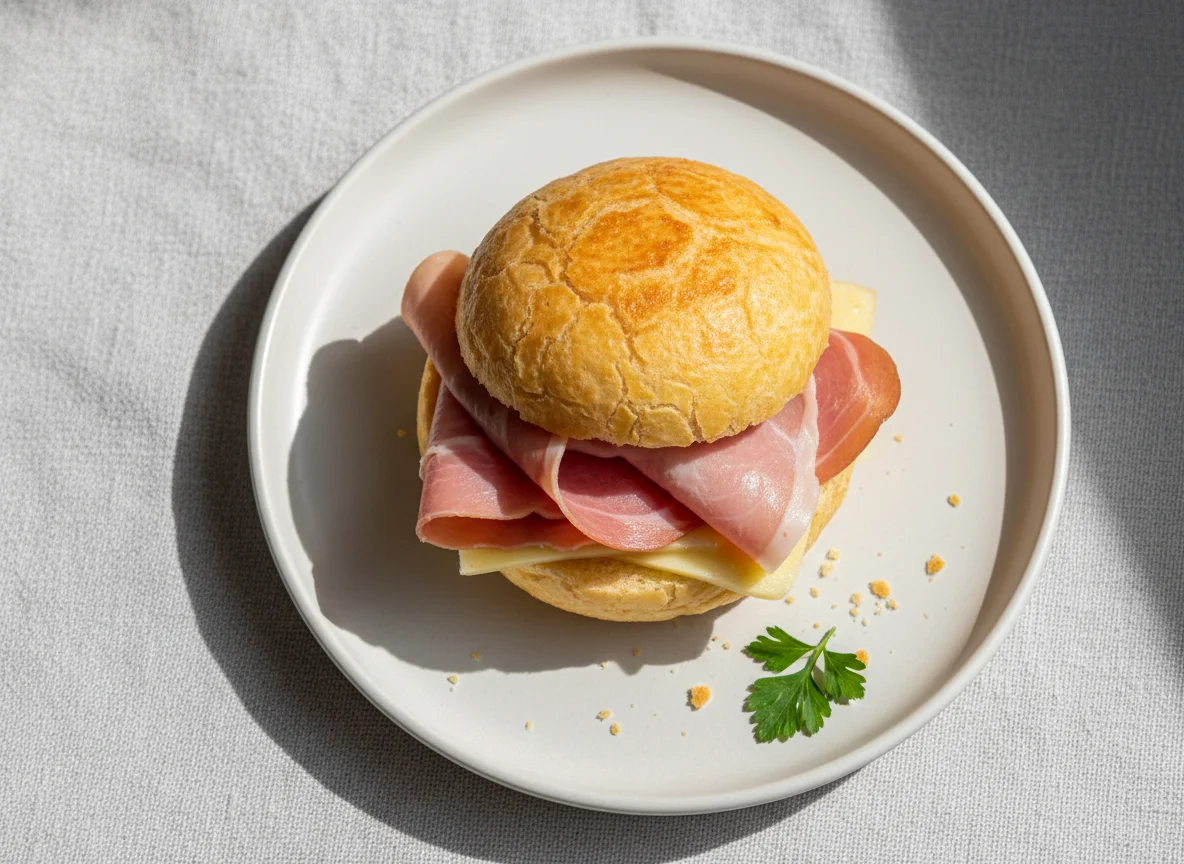 Sanduíche de pão de queijo com queijo e presunto photo